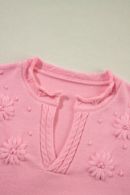 Flower Detail Knitted Notched Neck Sweater | Peach Blossom