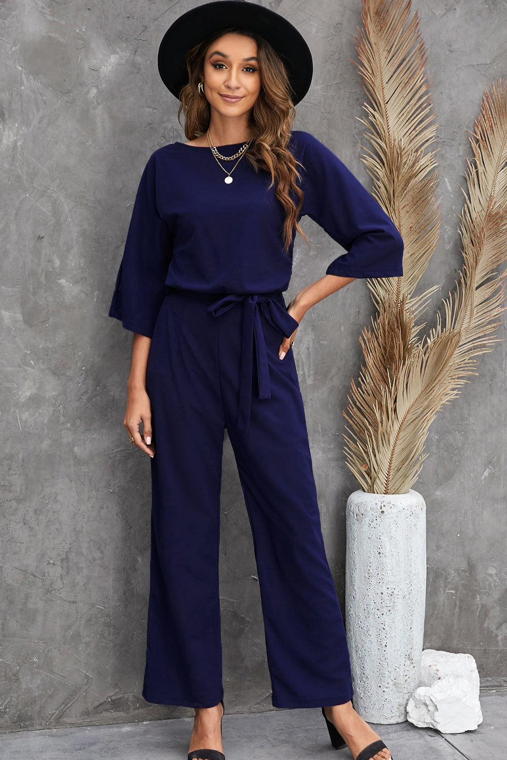 Blue Bracelet Sleeve Waist Tie Wide Leg Jumpsuit