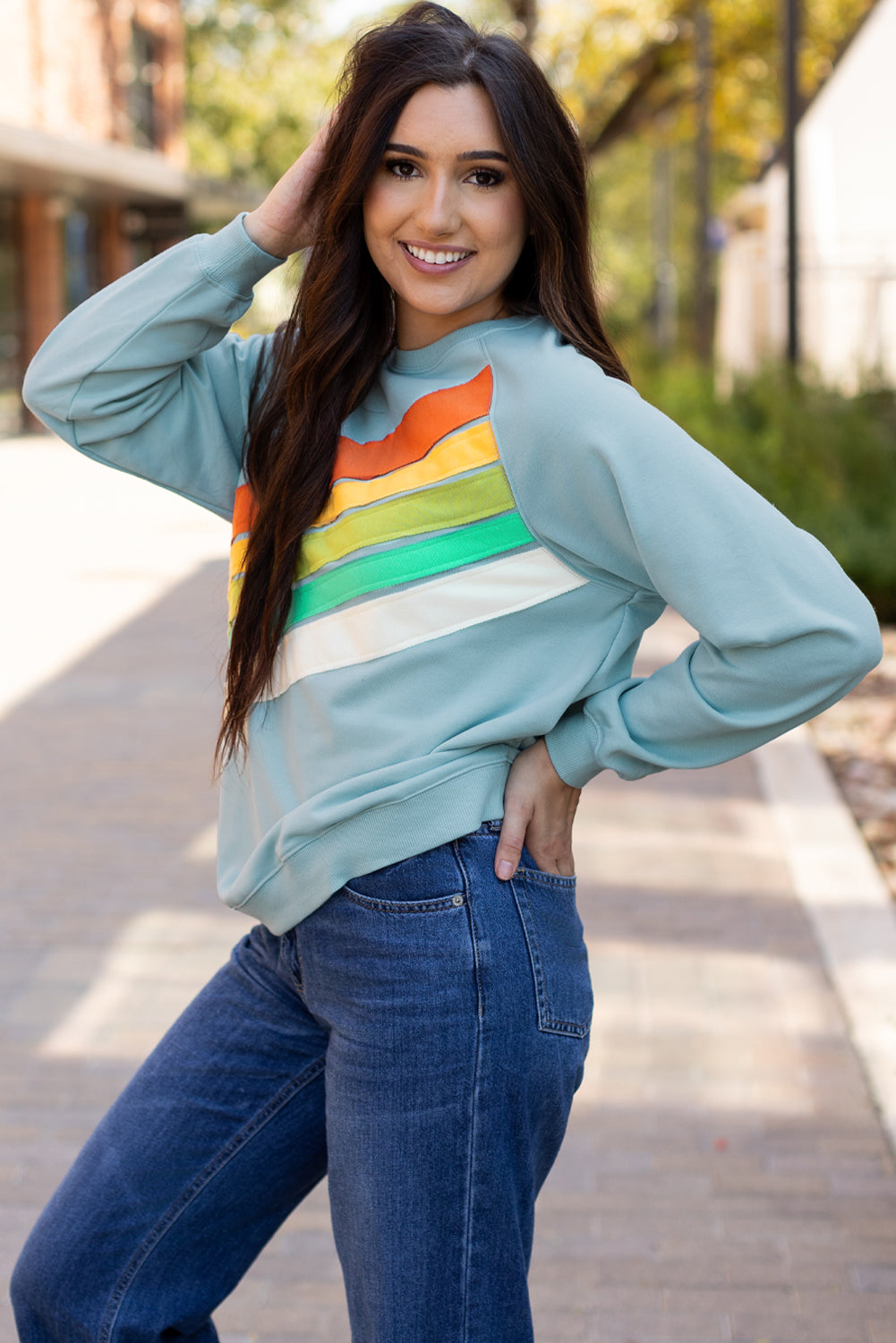 Rainbow Colourblock Striped Pullover Sweatshirt | Beau Blue