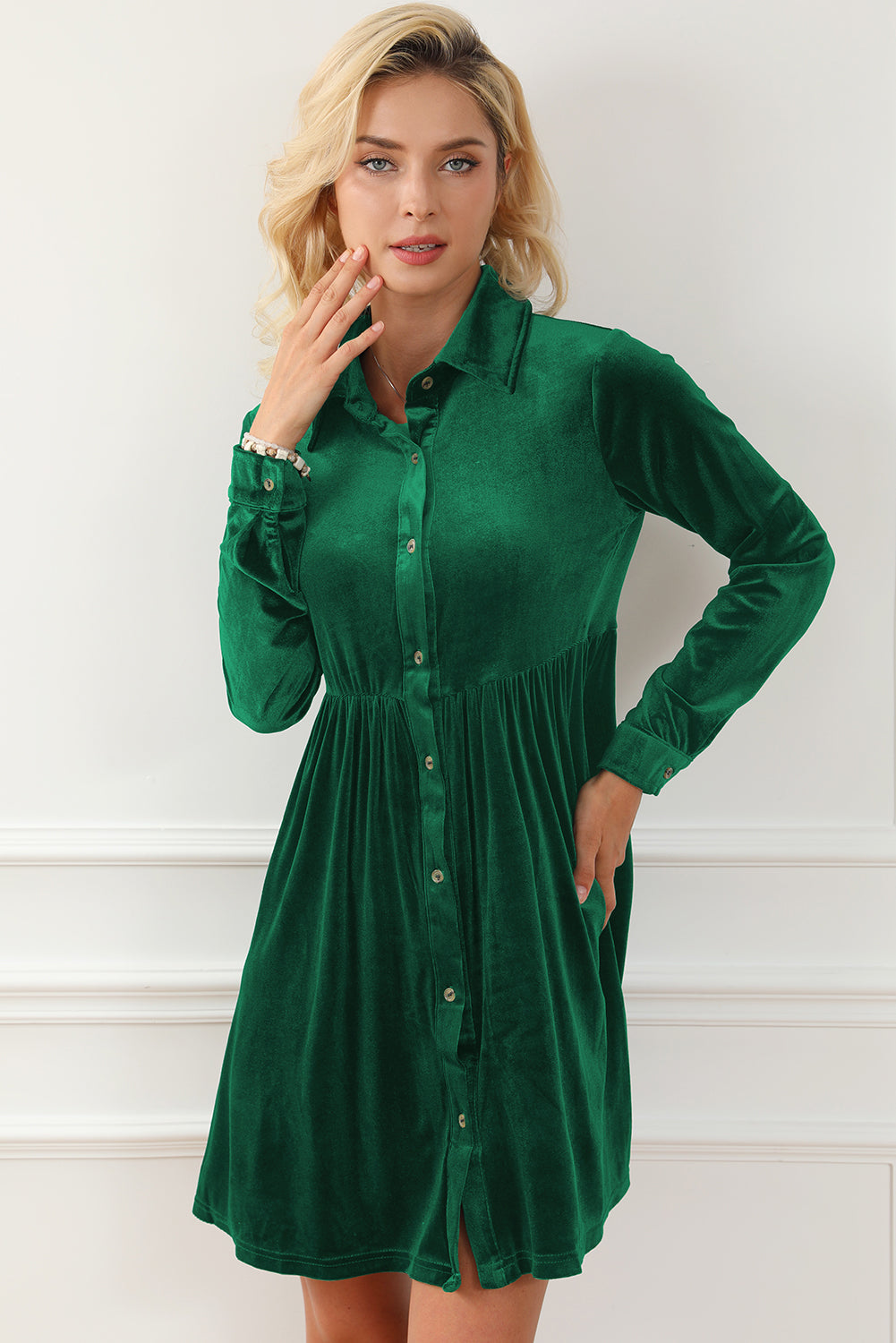 Long Sleeve Ruffle Velvet Button Up Dress | Green