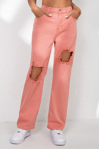 High Waist Ripped Straight Leg Pocket Jeans | Pink