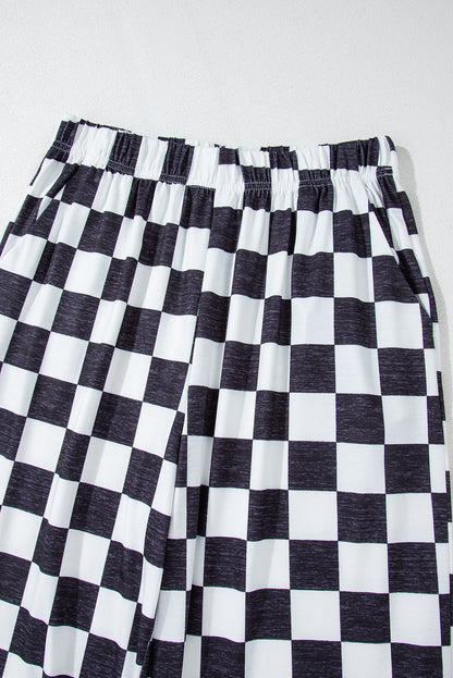 2-Tone Checked Print High Waist Wide Leg Pants | Black