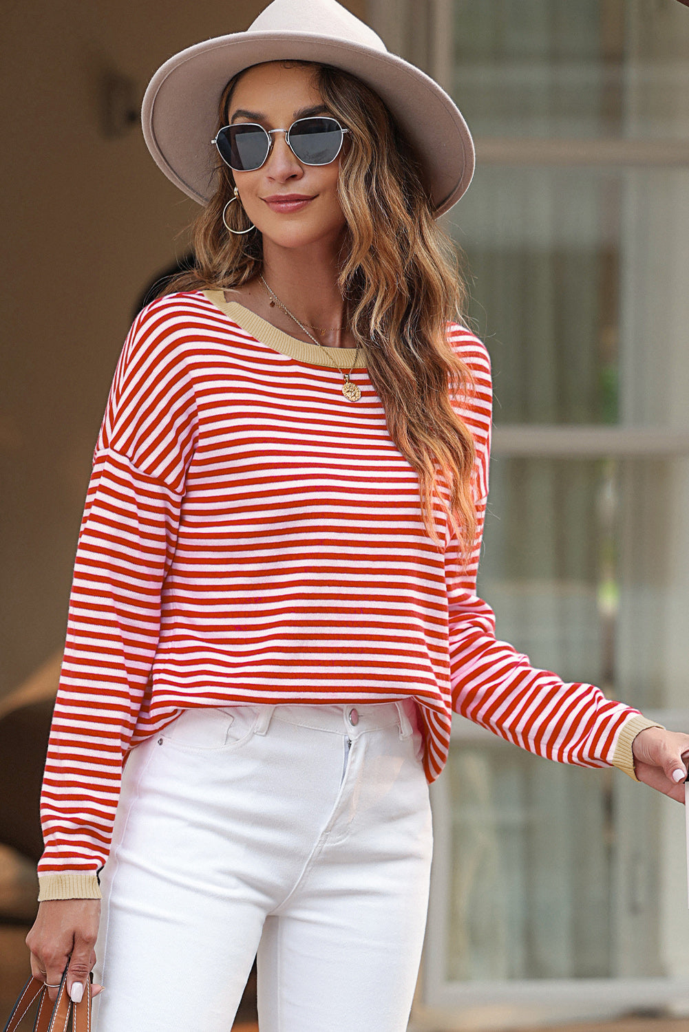 Contrast Trimmed Striped Drop Shoulder Sweater | Fiery Red