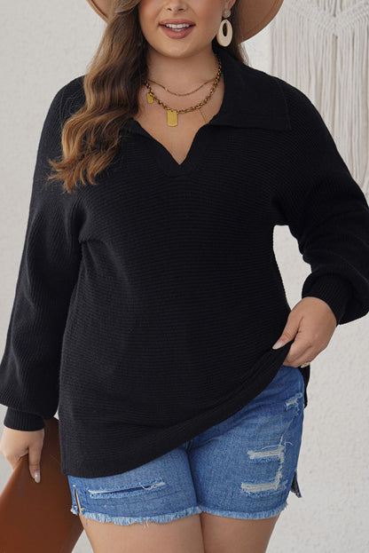 Ribbed Knit Lapel Neck Curvy Sweater | Black