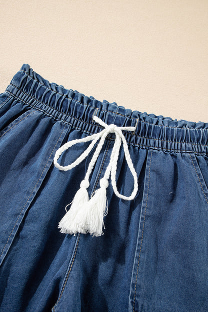 Raw Hem Drawstring High Waist Denim Shorts With Pockets | Ashleigh Blue