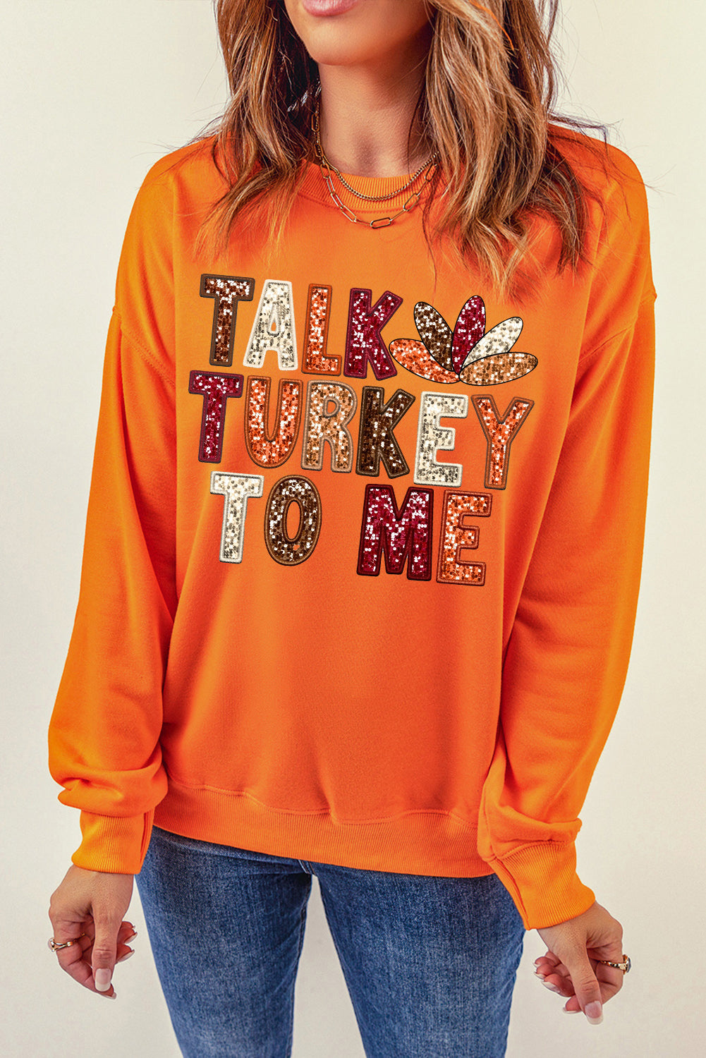 Talk Turkey To Me Heat Transfer Printing Graphic Thanksgiving Holiday Sweatshirt | Orange