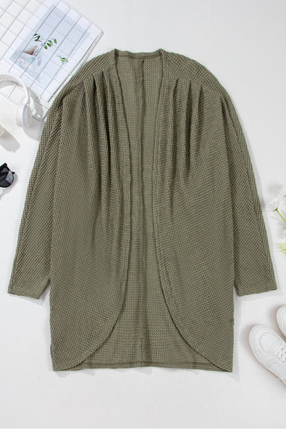 Waffle Knit Drop Shoulder Open Front Pocketed Plus Size Cardigan | Seagrass