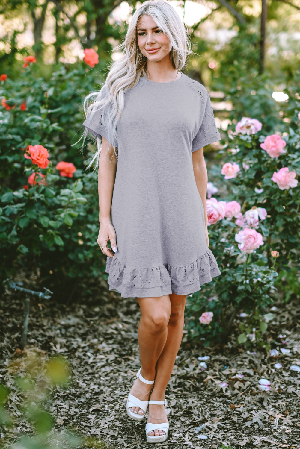 Lace Floral Patchwork Ruffled T-Shirt Dress | Light Grey