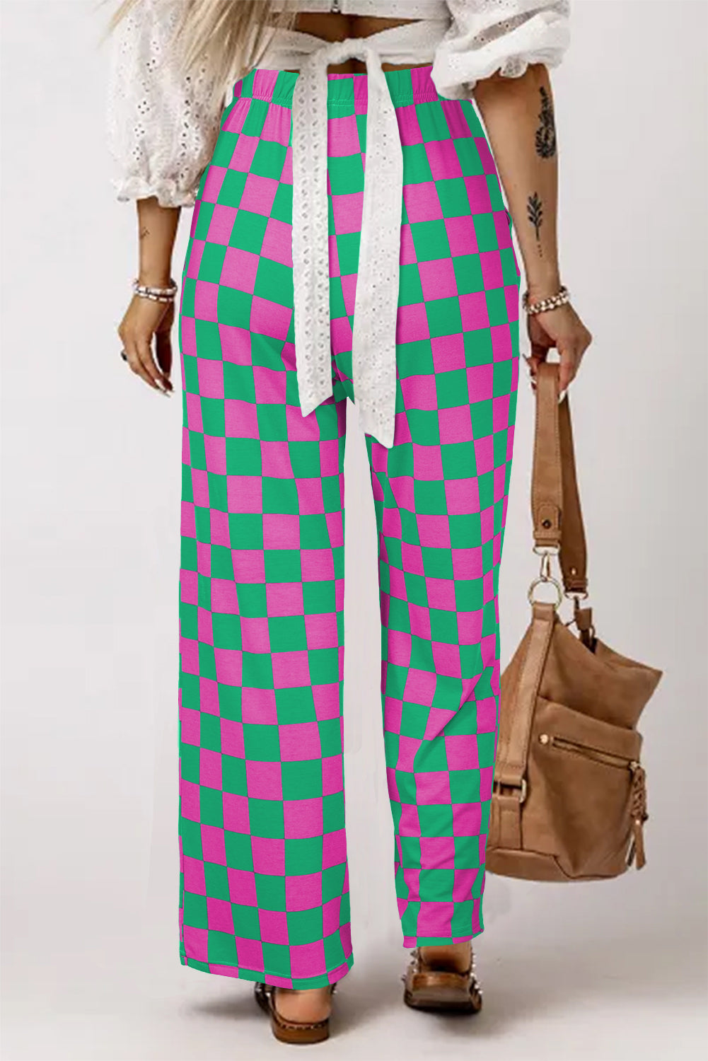 2-Tone Checked Print High Waist Wide Leg Pants | Green