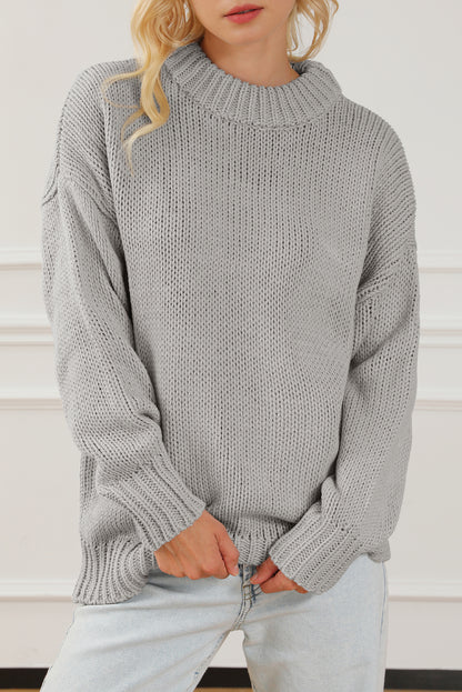 Chunky Knit Turtle Neck Drop Shoulder Sweater | Light Grey