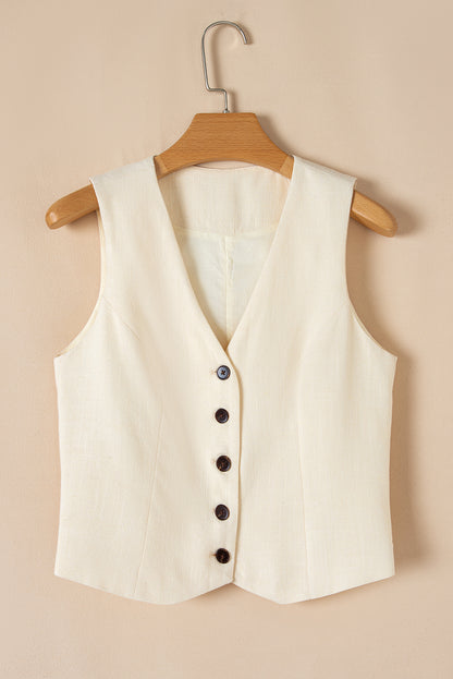 Slim Fit Buttoned V Neck Vest | White