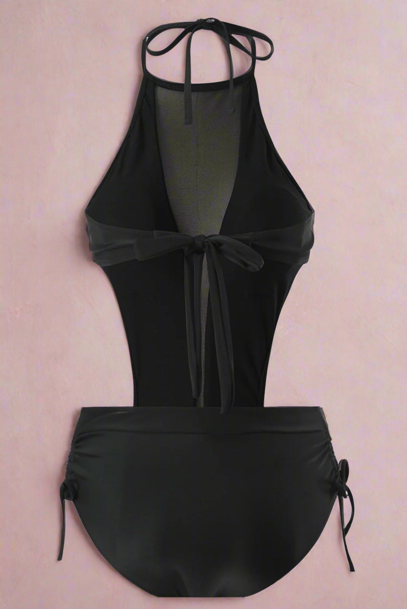 Mesh Cutout Ruched Drawstring Monokini Swimsuit | Black