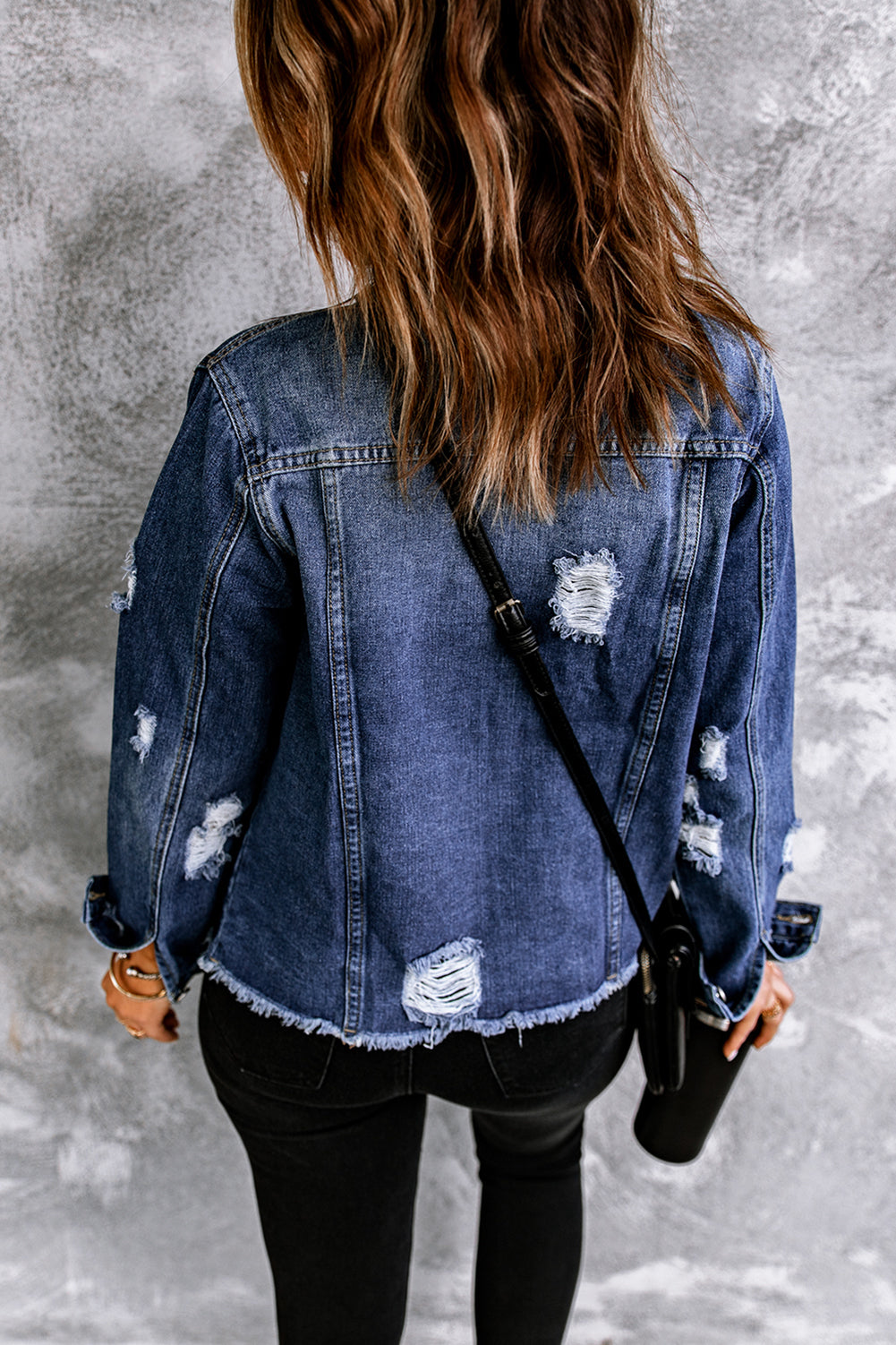 Lapel Distressed Raw Hem Buttons Denim Jacket | Blue