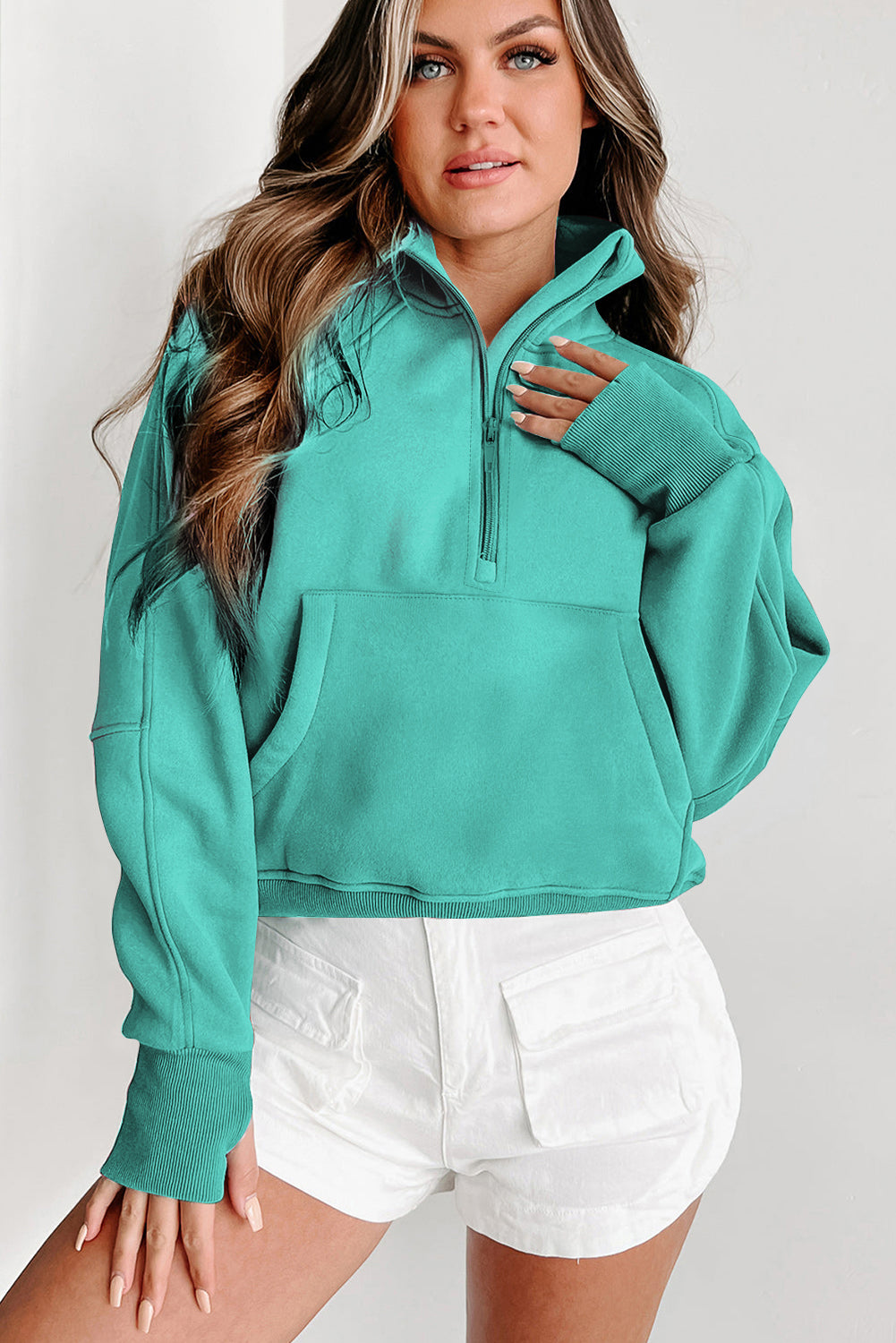 Fleece Lined Zip Up Stand Collar Thumbhole Sleeve Sweatshirt | Sea Green