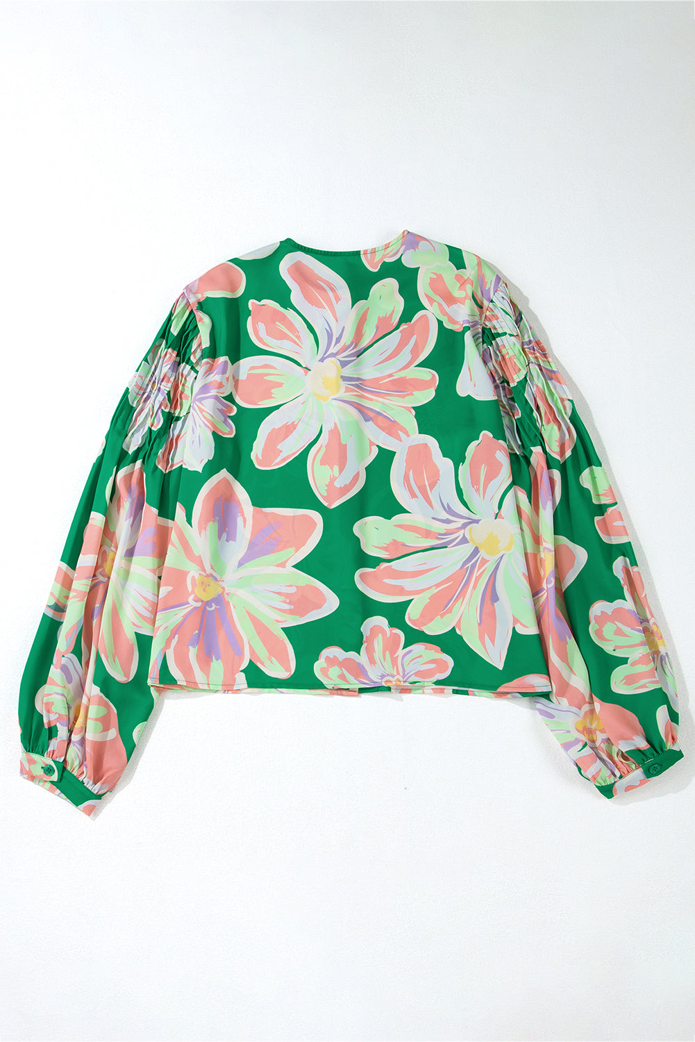 Floral Print Button Up Pleated Puff Sleeve Loose Shirt | Green