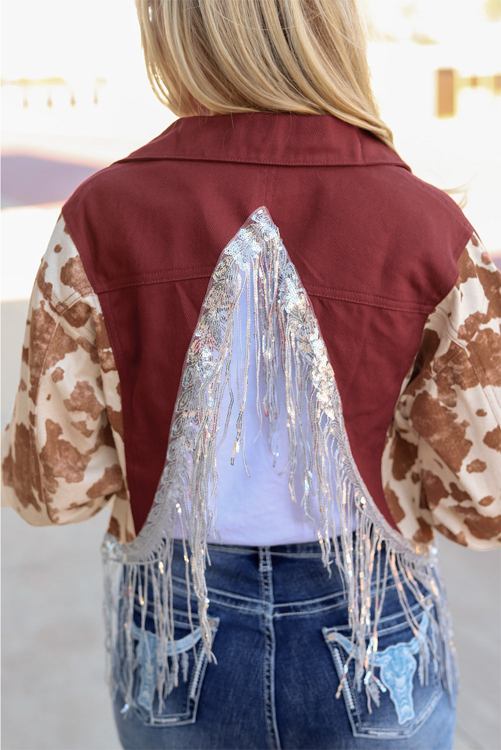 Fiery  Abstract Print Sleeve Back Fringed Cropped Denim Jacket | Red