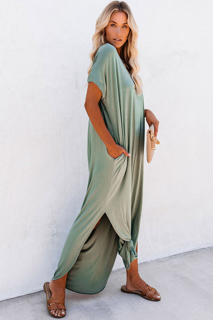 V Neck Hidden Pocket Splits Maxi T-Shirt Dress | Grass Green