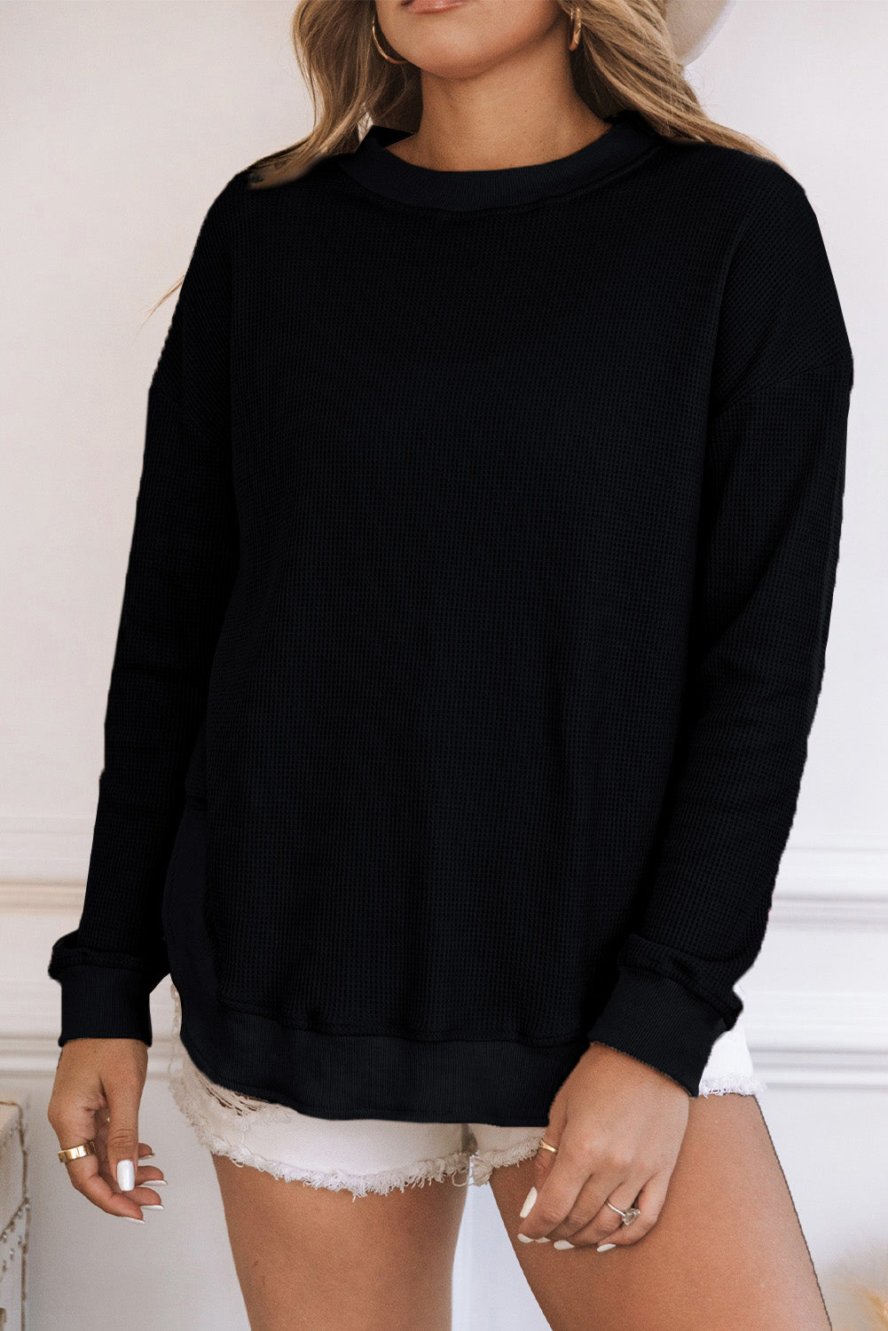 Crew Neck Ribbed Trim Waffle Knit Top | Black