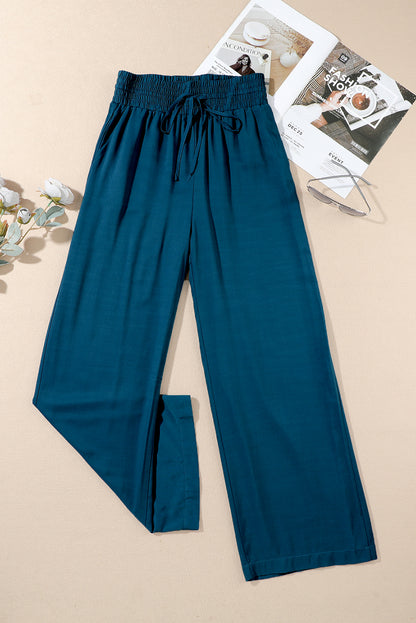 Drawstring Elastic Waist Casual Wide Leg Pants | Blue