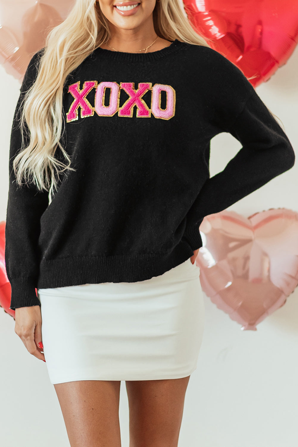 Black Xoxo Glitter Print Round Neck Casual Sweater | Colour black