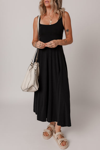 Sleeveless Scoop Neck Flared Split Midi Dress | Black