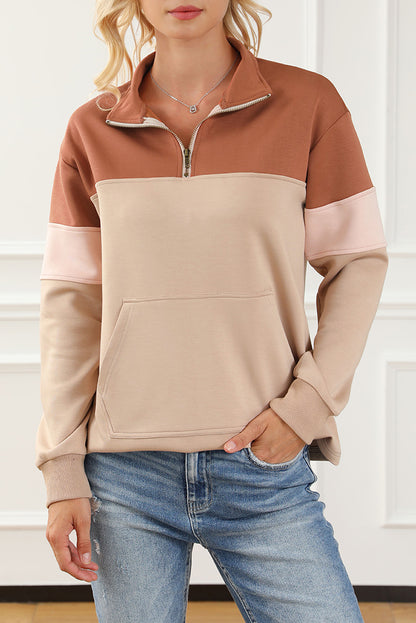 Khaki Color Block Zip Mock Neck Pocketed Sweatshirt