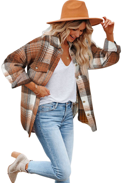 Brown Plaid Flap Pockets Shacket | Gold Flame