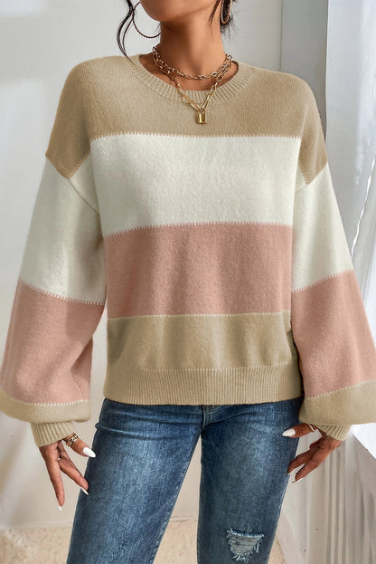 Colour Block Lantern Sleeve Drop Shoulder Sweater | Dusty Pink