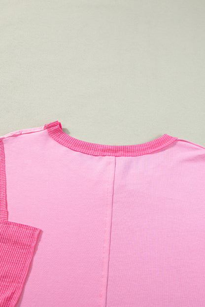 Colour Block Patchwork 3/4 Sleeve Loose Top | Pink