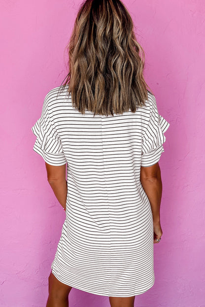 Ruffled Short Sleeve Crew Neck T Shirt Shift Mini Dress | White Stripe