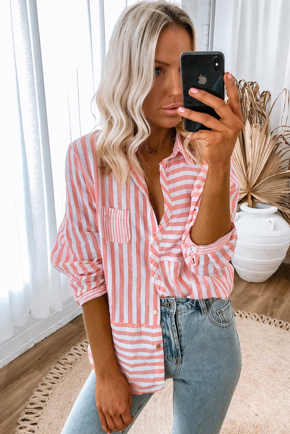 Buttoned Long Sleeve Casual Shirt | Pink Stripe