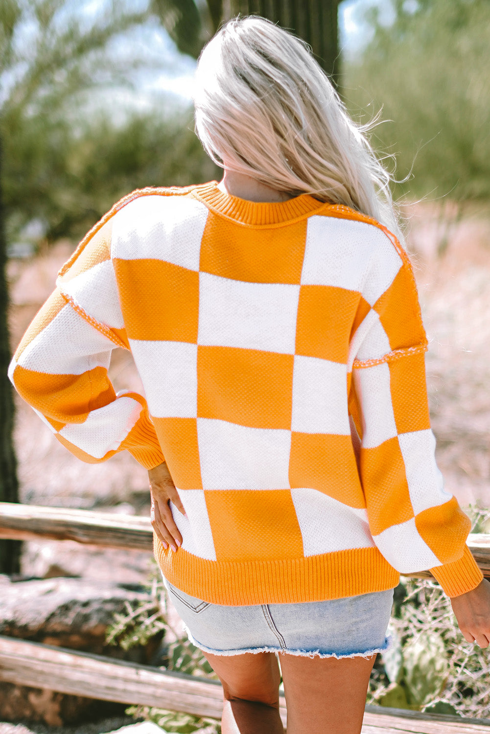 Orange Checkered Bishop Sleeve Sweater | Grapefruit Orange