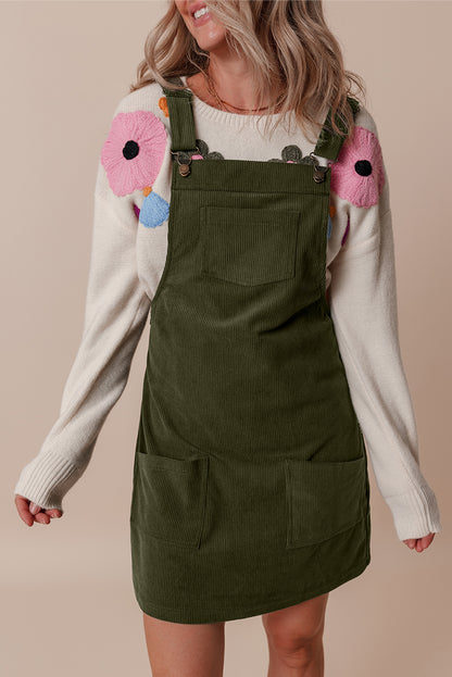 Solid Front Pockets Sleeveless Corduroy Overall Dress | Vineyard Green