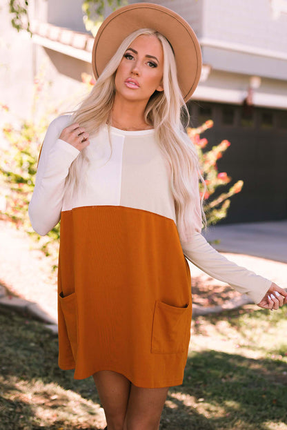 Pocketed Colour Block Patchwork Long Sleeve Top | Orange