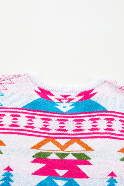 Oversize Aztec Print High Low V Neck Sweater | White