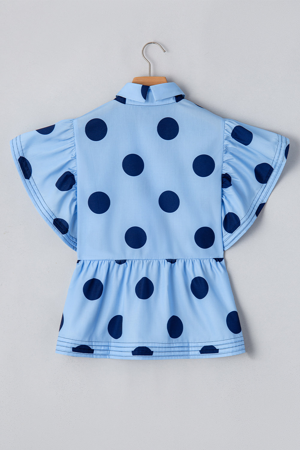 Polka Dot Print Ruffled Short Sleeve Buttoned Collared Blouse | Sky Blue