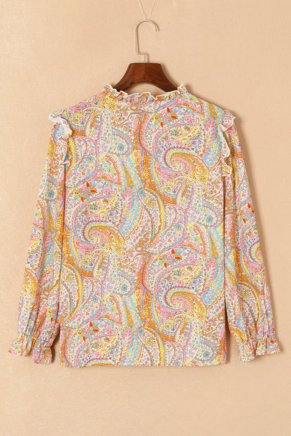 Paisley Print Ruffled Trim Boho Shirt | Yellow