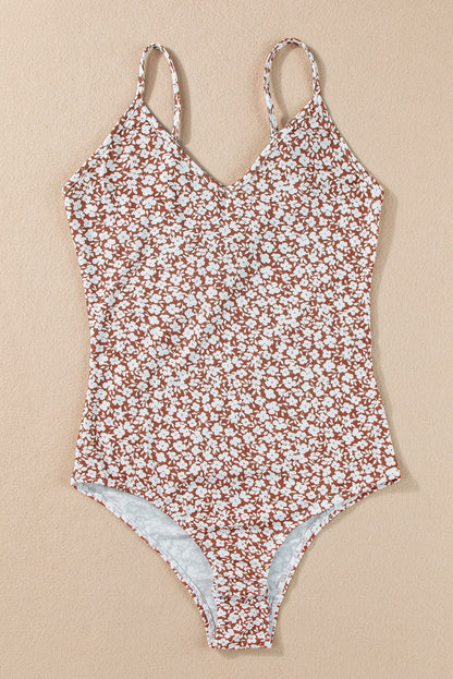 Floral Print Spaghetti Strap V Neck Bodysuit | Chestnut