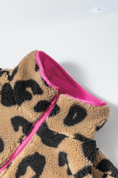 Colourblock Pocket Zipper Fuzzy Fleece Jacket | Leopard