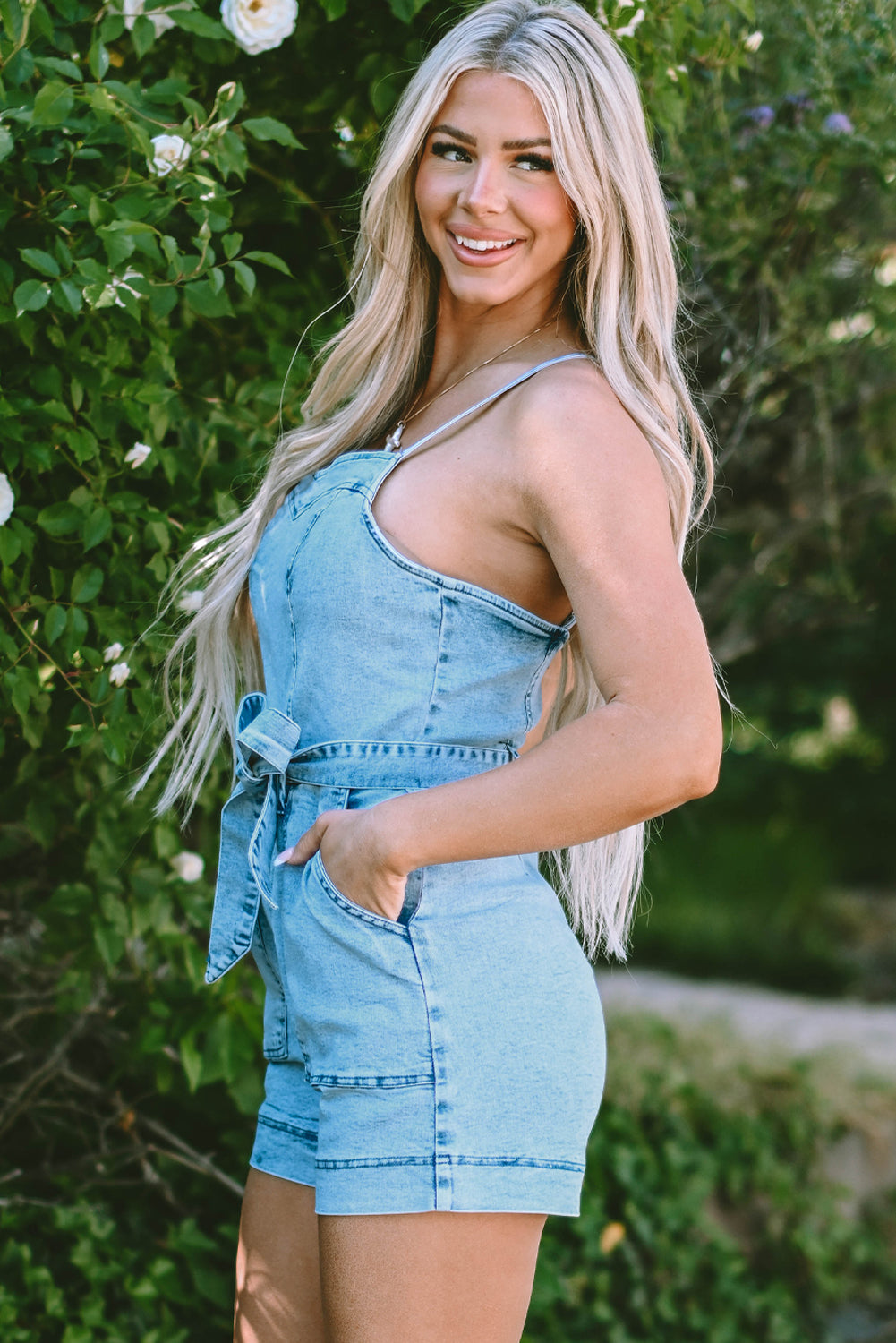 Spaghetti Straps Belted Denim Romper | Beau Blue