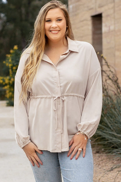 Light French Beige Plus Size Puff Sleeve Tied Tunic Shirt | Flaxen