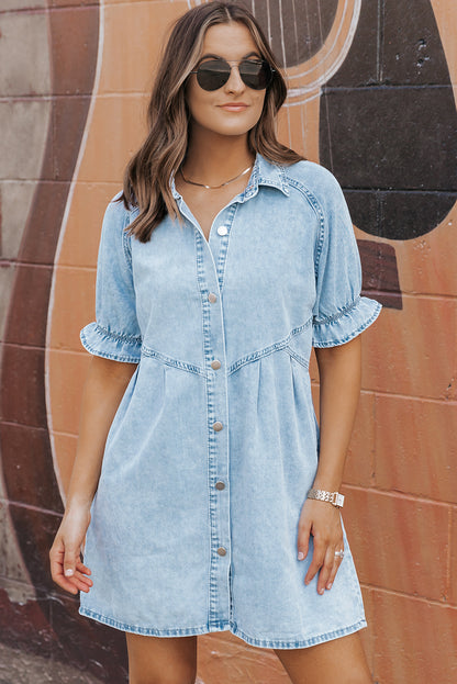 Mineral Wash Ruffled Short Sleeve Buttoned Denim Dress | Beau Blue