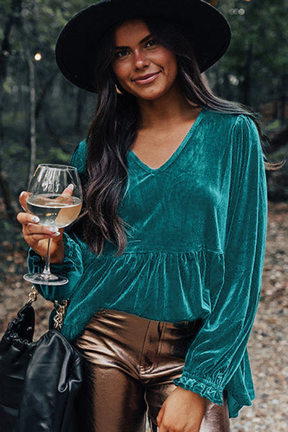 Velvet V Neck Peplum Hem Puff Sleeve Blouse | Sea Green