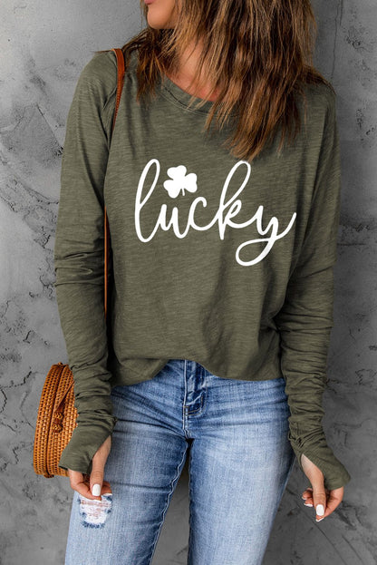 Lucky Clover Graphic Print Long Sleeve Tunic Top | Green