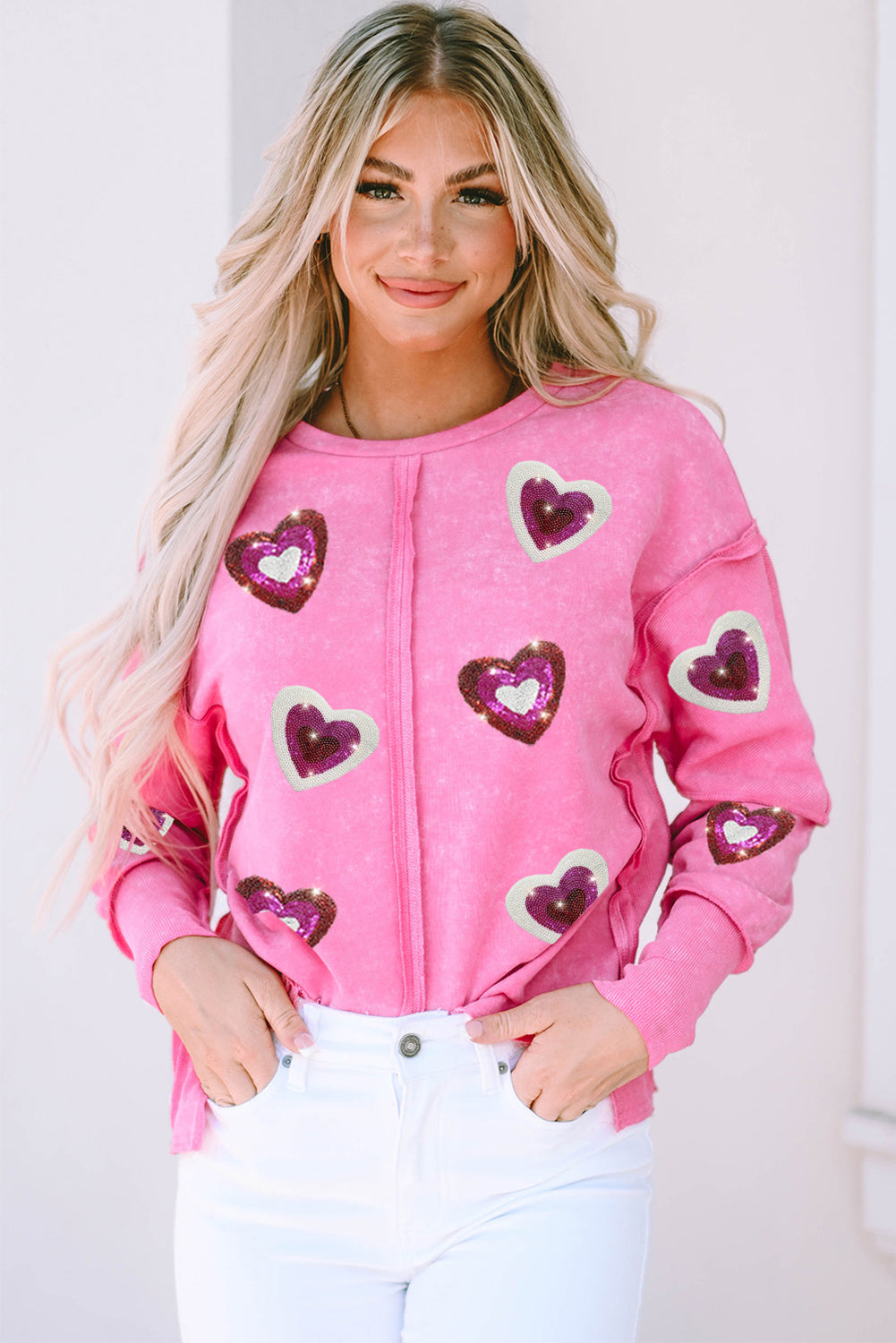 Sequin Heart Shaped Exposed Seam Pullover Sweatshirt | Rose