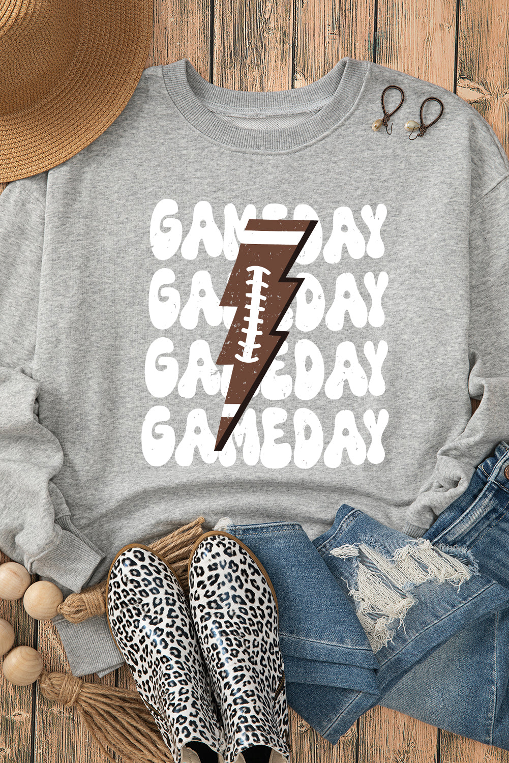 Game Day Lightning Rugby Football Print Pullover Sweatshirt | Gray