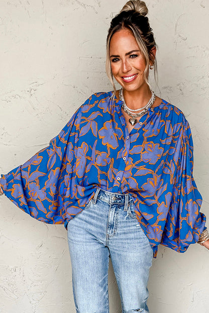 Floral Print Batwing Sleeve Buttoned Loose Fit Shirt | Blue