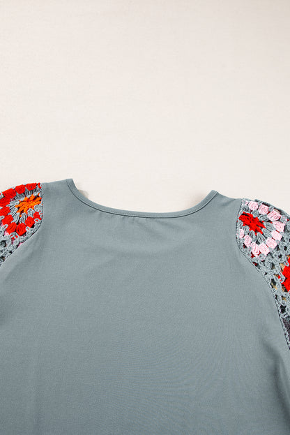 Floral Crochet Short Sleeve Top | Medium Grey