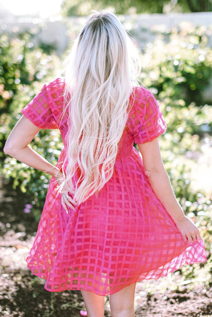 Checkered Puff Sleeve Babydoll Dress | Strawberry Pink