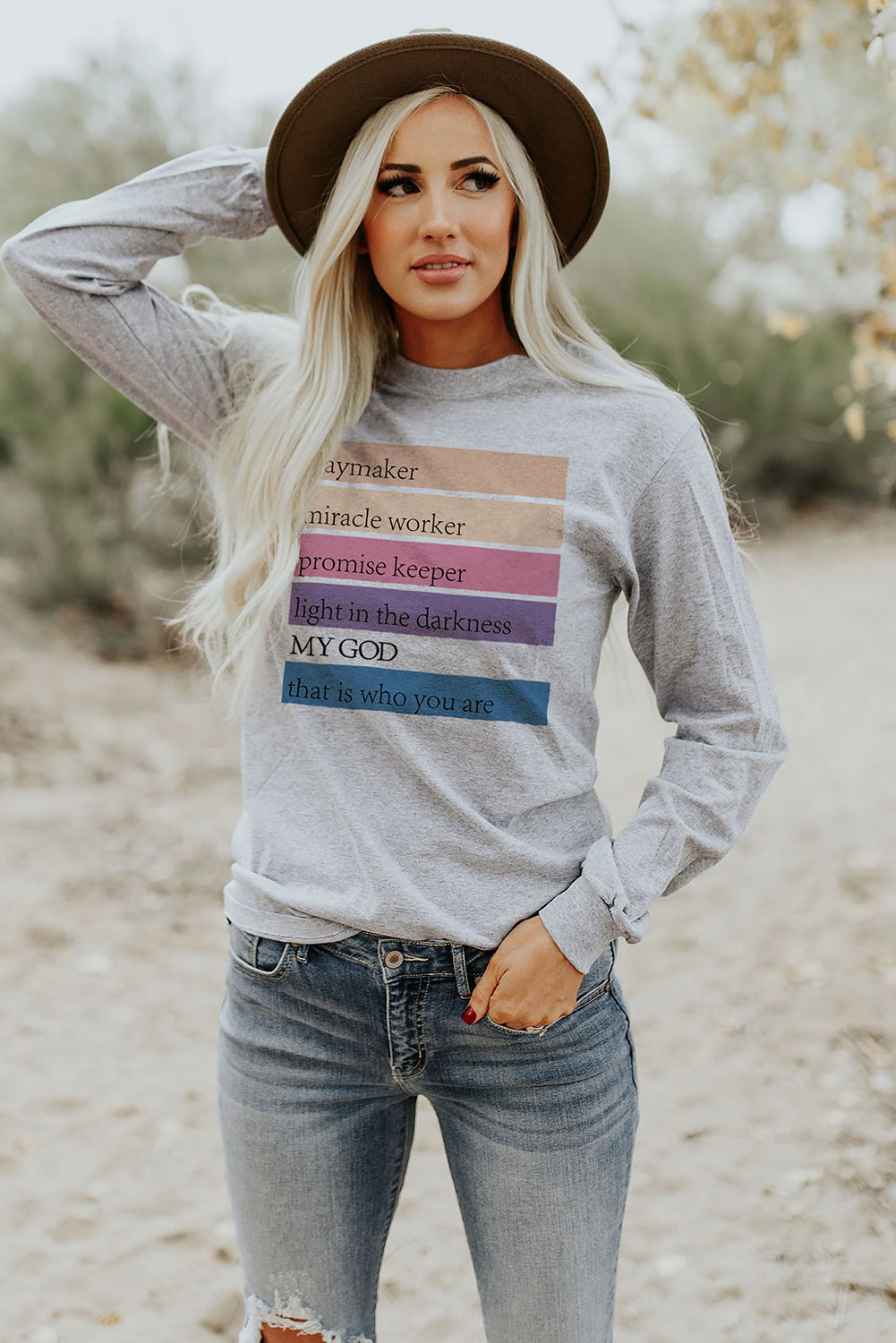 May God Positive Words Print Long Sleeve Top | Gray